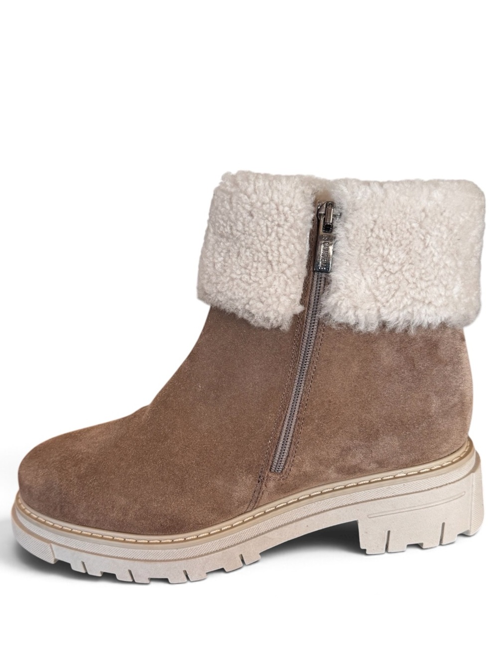 La Canadienne Taupe Brown Suede Shearling Fur Ankle Boots Lug Sole 7 Italy NWT